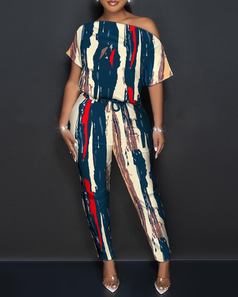 

Abstract Print Striped Skew Neck Jumpsuit, Multicolor