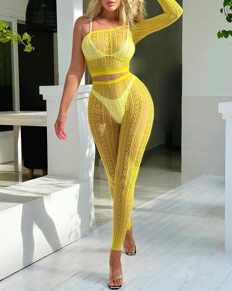 

One Shoulder Hollow Out Long Sleeve Lace Bodystockings, Yellow