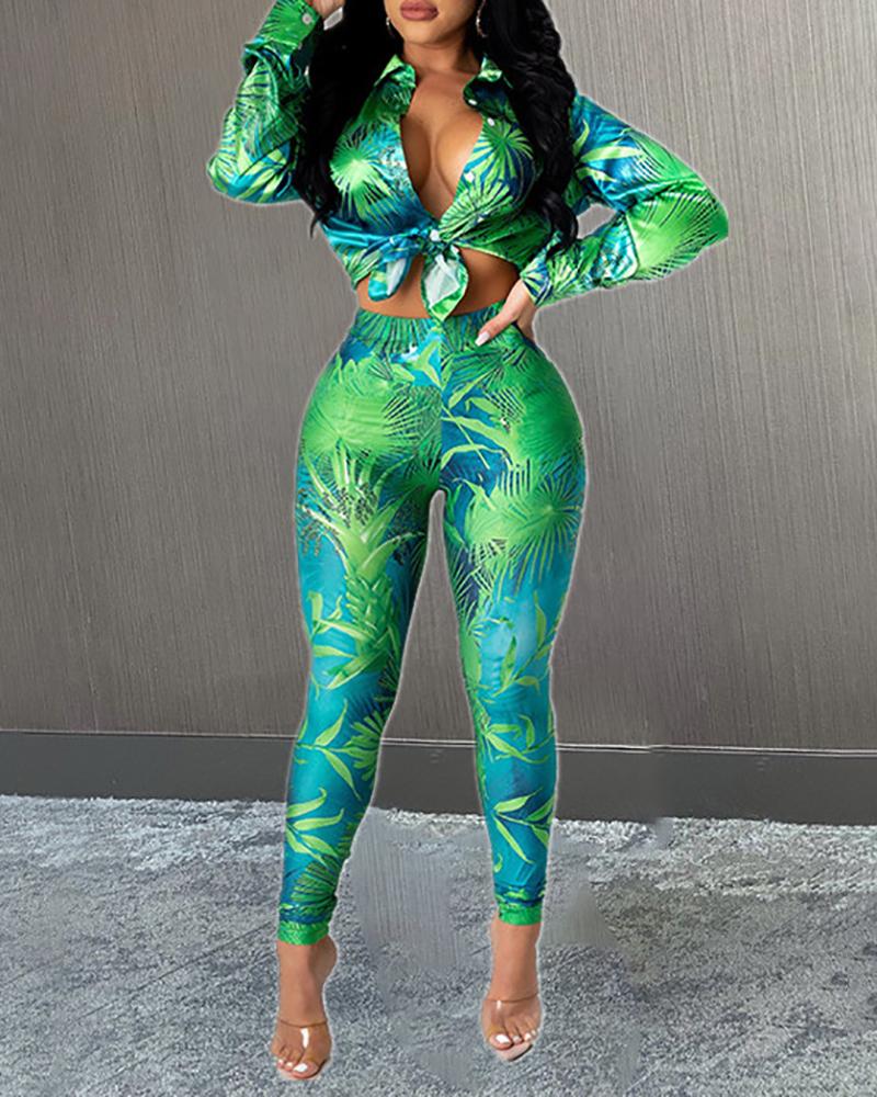 

Tropical Print Buttoned Top & High Waist Pants Set, Green