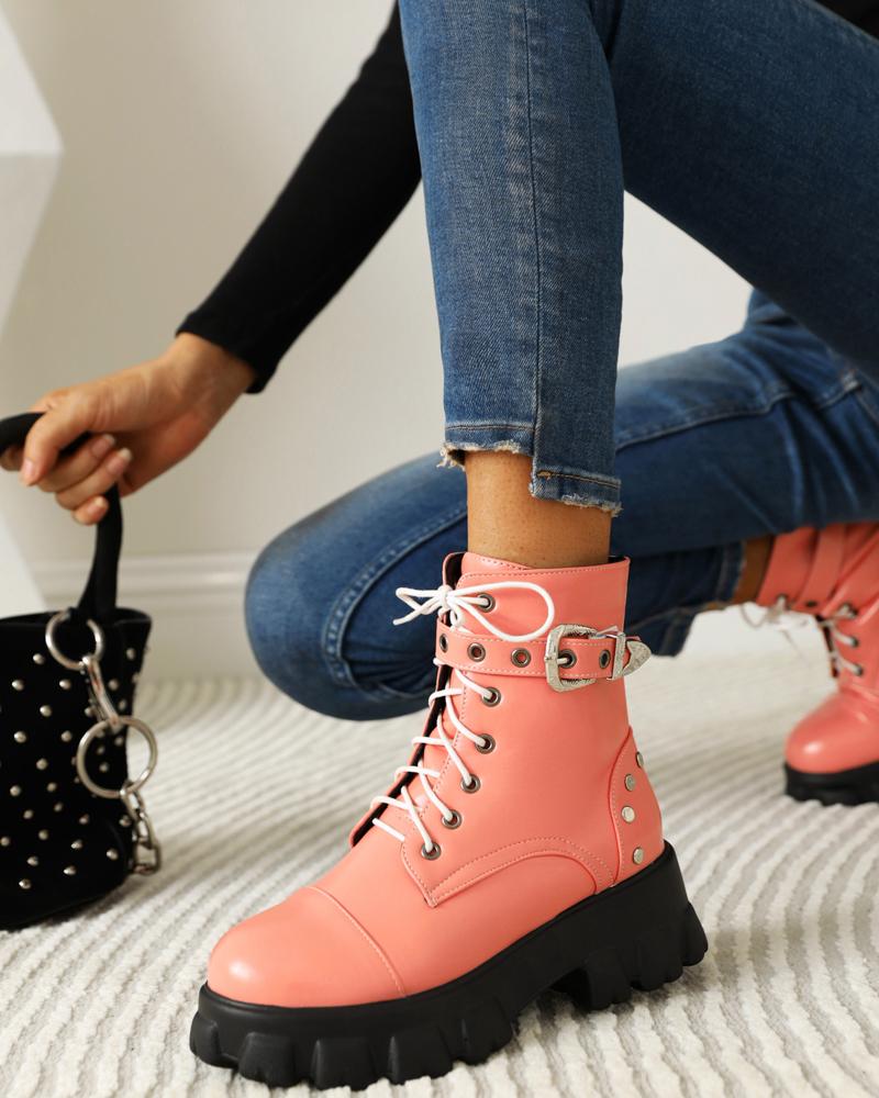 

Womens Single Strap Lace-up Round Toe Shiny Finish Martin Boots, Pink