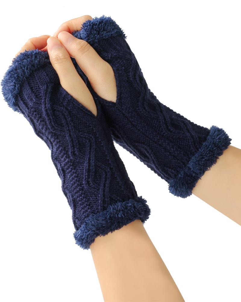 

1Pair Warm Fleece Lined Knit Fingerless Gloves, Purplish blue