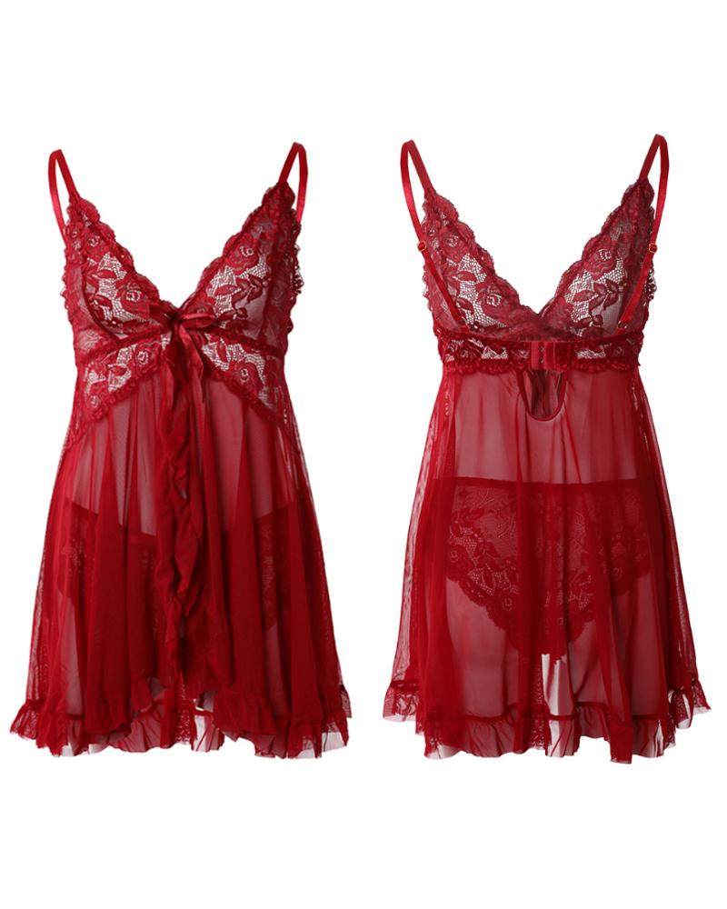 

Bowknot Decor Sheer Mesh Lace Babydoll With Thong, Red