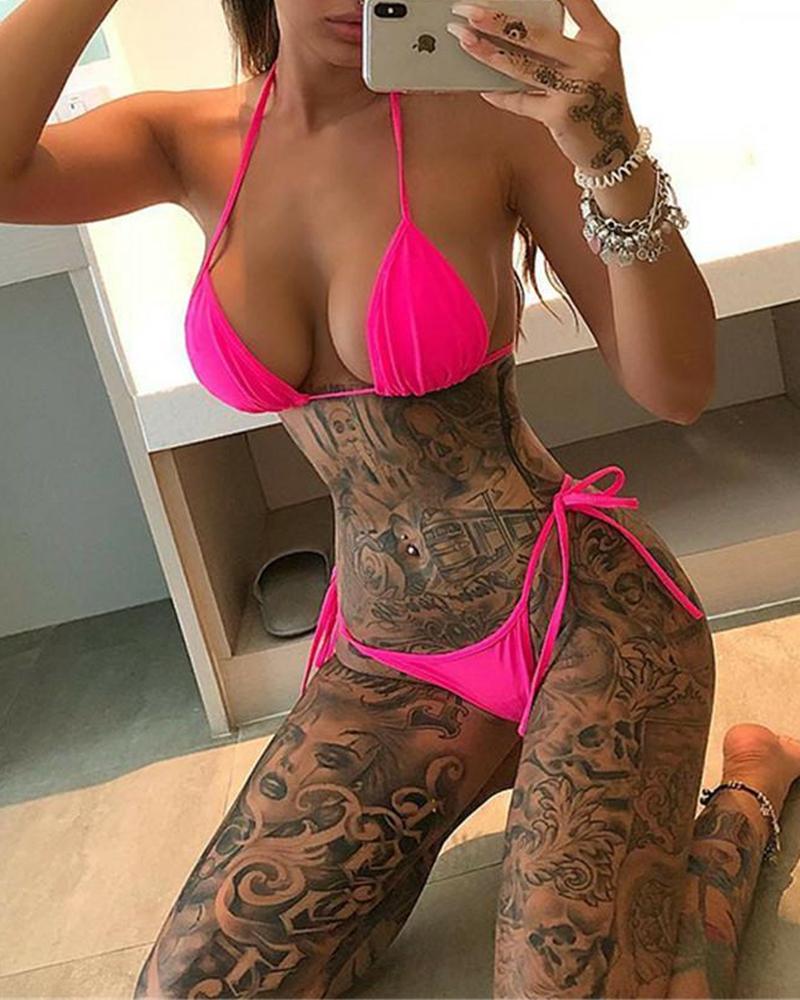 

Solid Strap Bra With Panties Bikini Sexy Sets, Hot pink