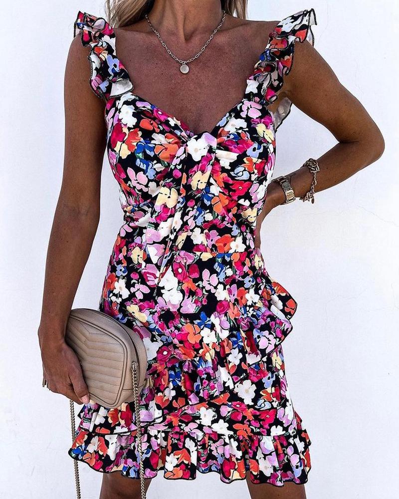 

Floral Print Ruffle Hem Sleeveless Tie Front Dress, Multicolor