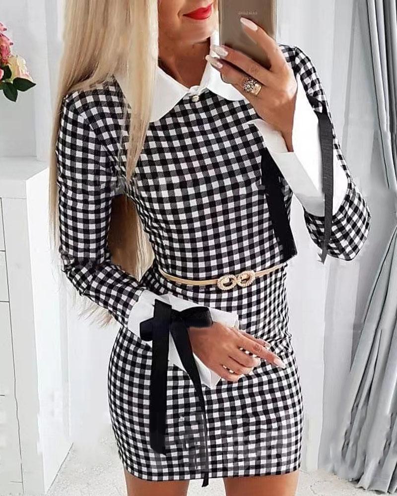 

Plaid Print Tied Detail Long Sleeve Bodycon Dress, Black