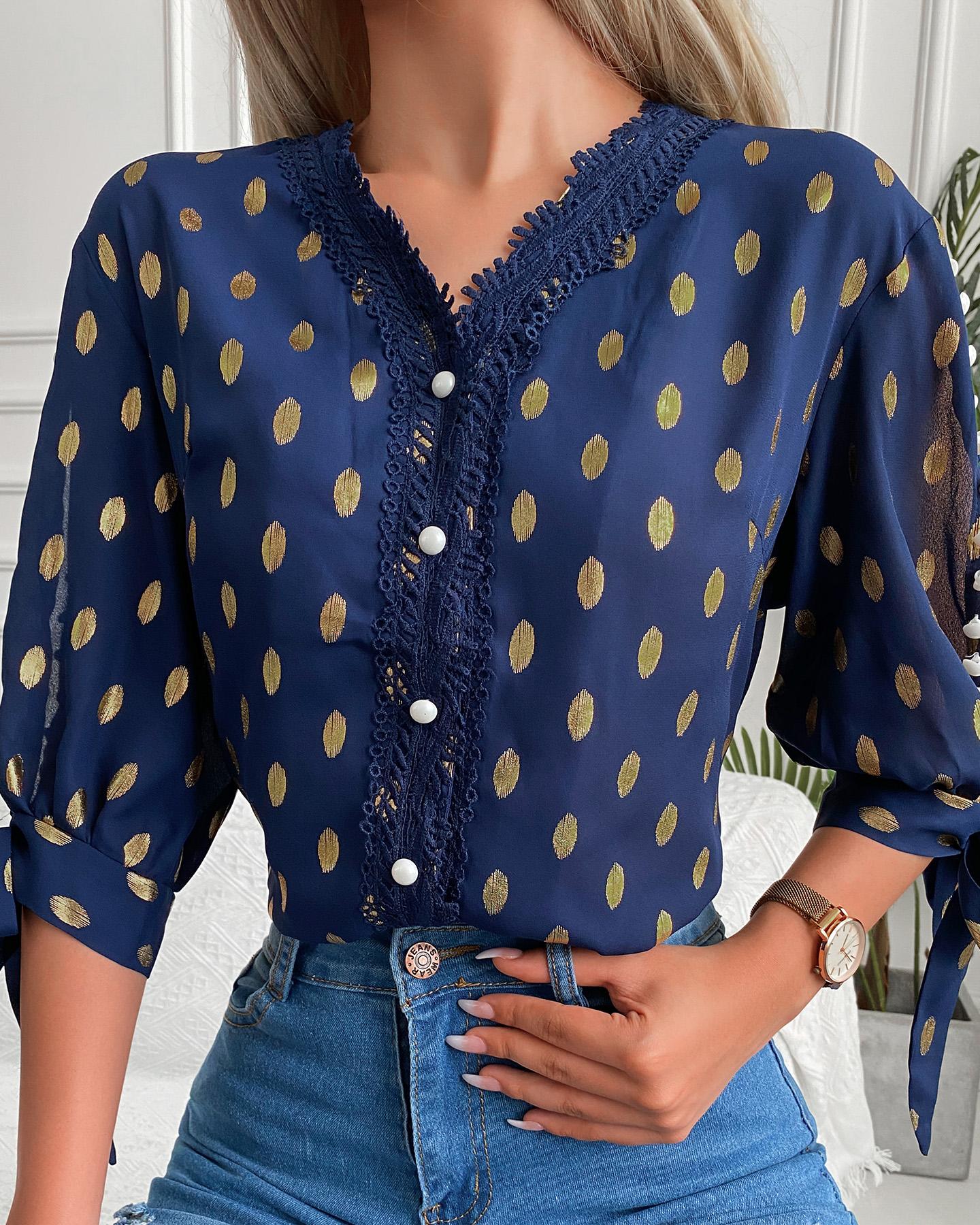 

Polka Dot Print Lace Hem Cutout Lantern Sleeve Blouse, Blue