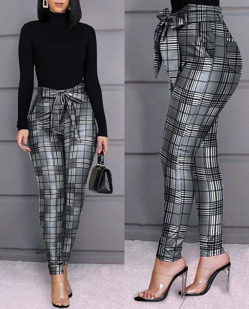 

Grid Design Casual Pants, Gray