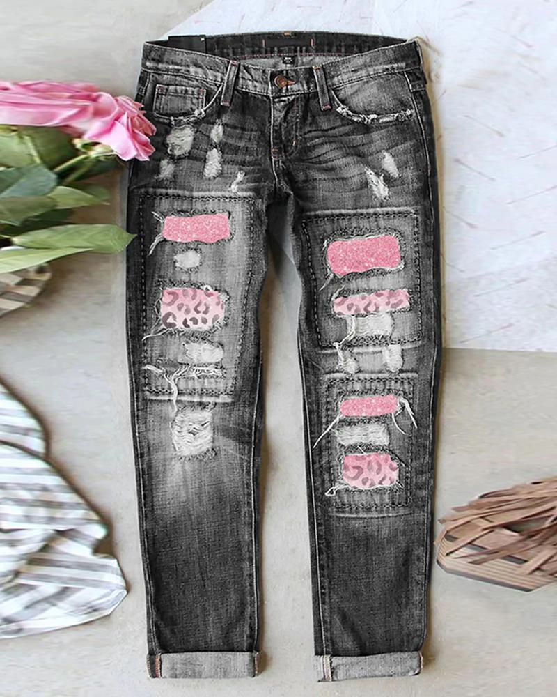 

Valentine's Day Pocket Design Contrast Cheetah Print Ripped Jeans, Black