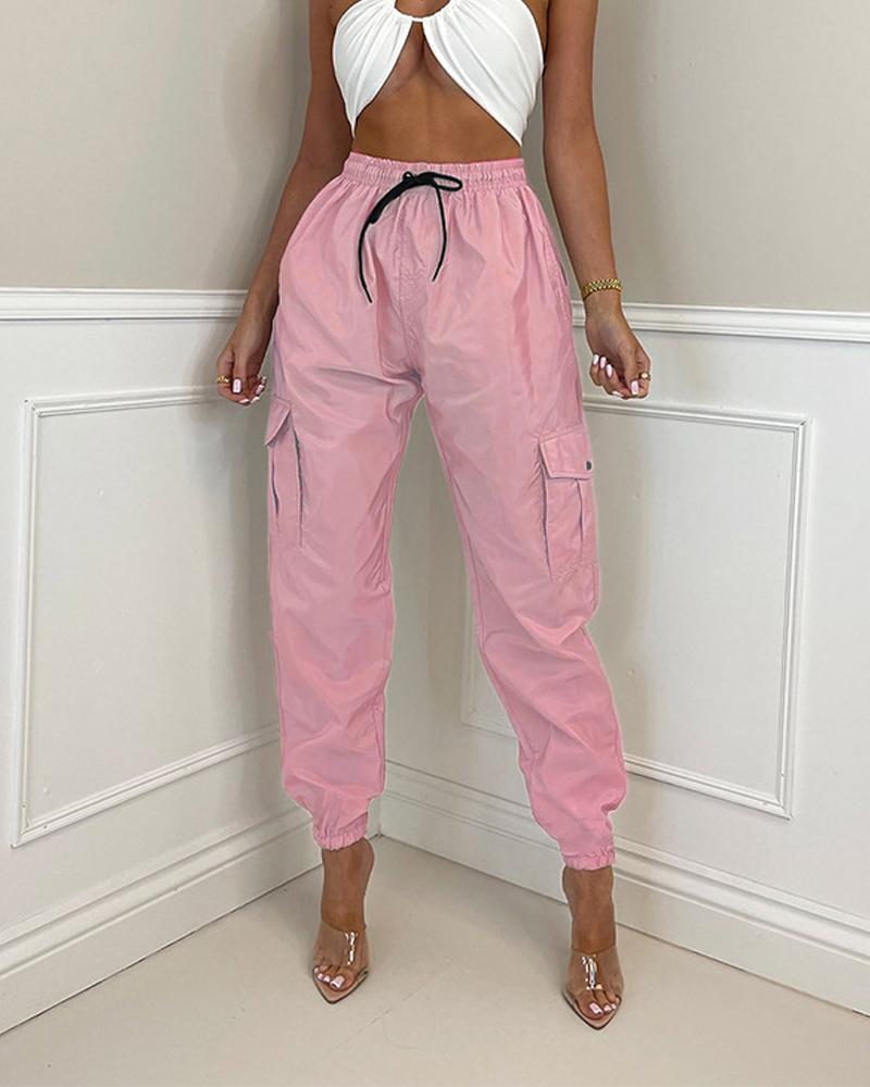 

Pocket Design Drawstring Cuffed Cargo Pants, Pink