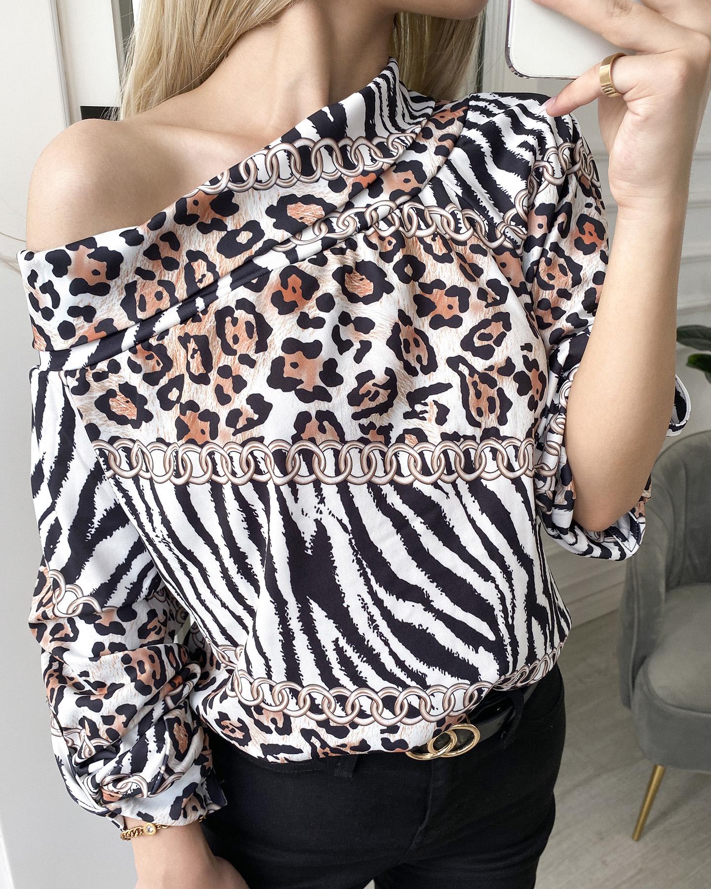 

Zebra Striped Cheetah Print Cold Shoulder Top, Leopard