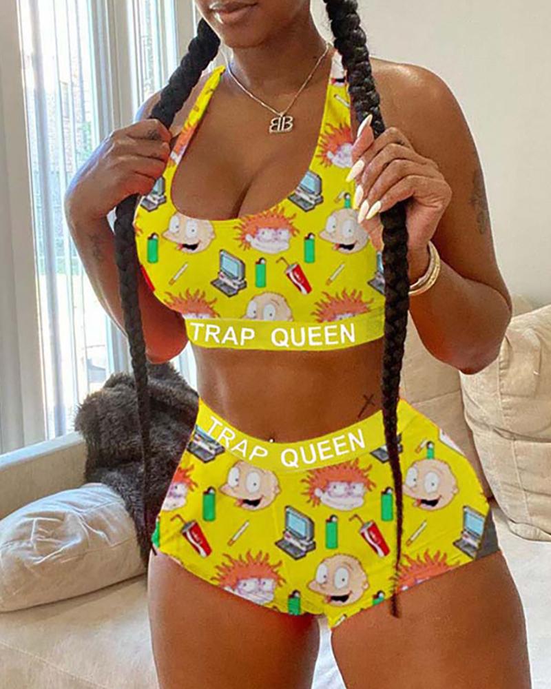 

Tie Dye/Cartoon Print Plus Size Top & Short Sets, Yellow