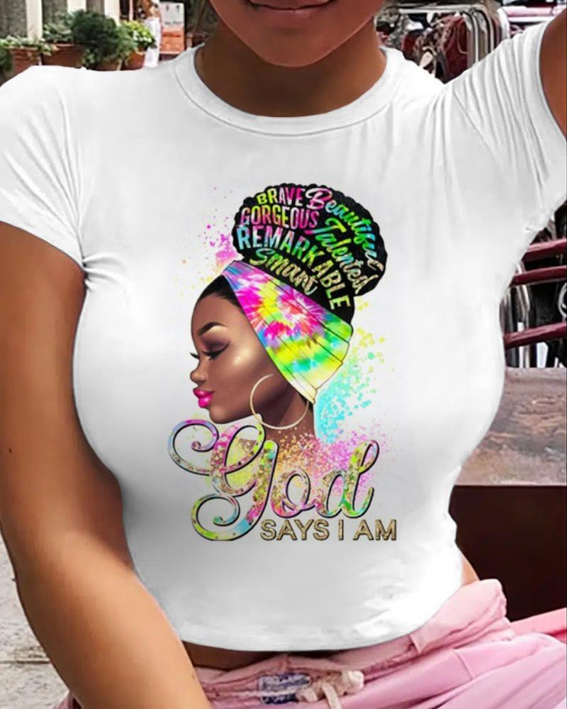 

Plus Size Figure Print Short Sleeve Casual T-shirt, White