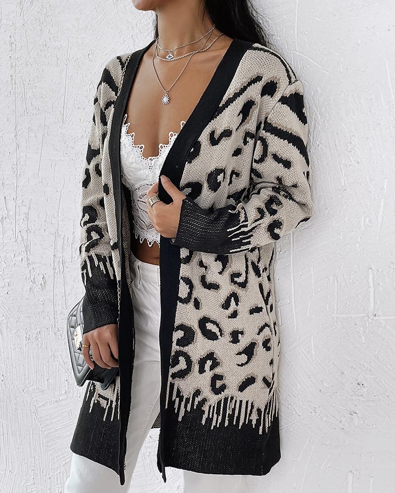 

Leopard Pattern Open Front Longline Knit Cardigan, Apricot