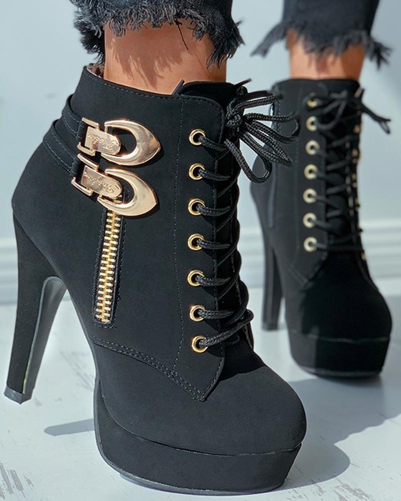 Buckle Zip Eyelet Lace-up Heeled Boots