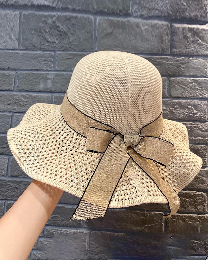 

Bowknot Decor Woven Bucket Hat, Beige