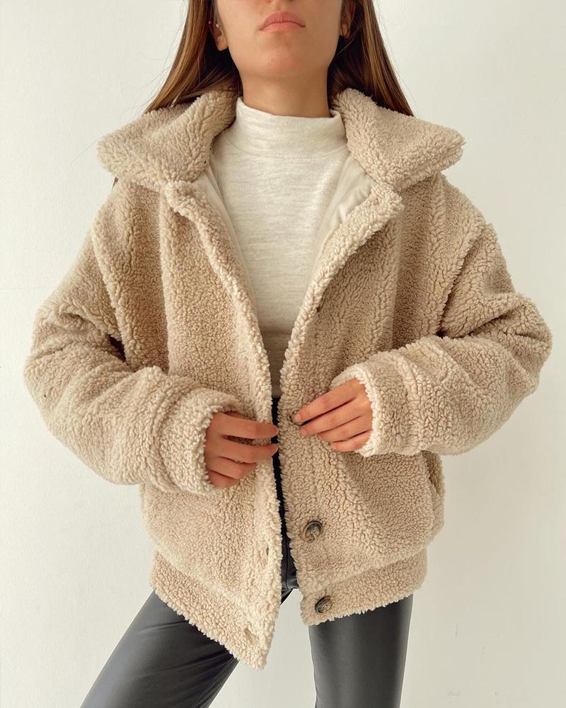 

Button Front Long Sleeve Teddy Coat, Apricot