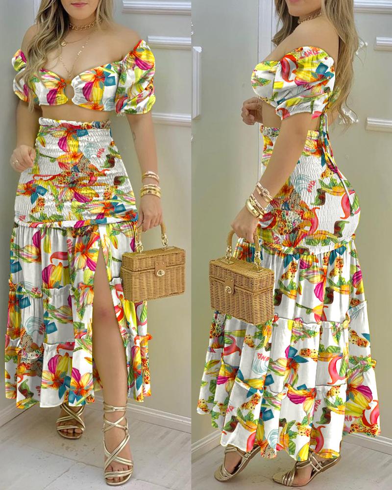 

O-Ring Floral Print Crop Top & Frill Hem Shirred Slit Maxi Skirt Set, Multicolor