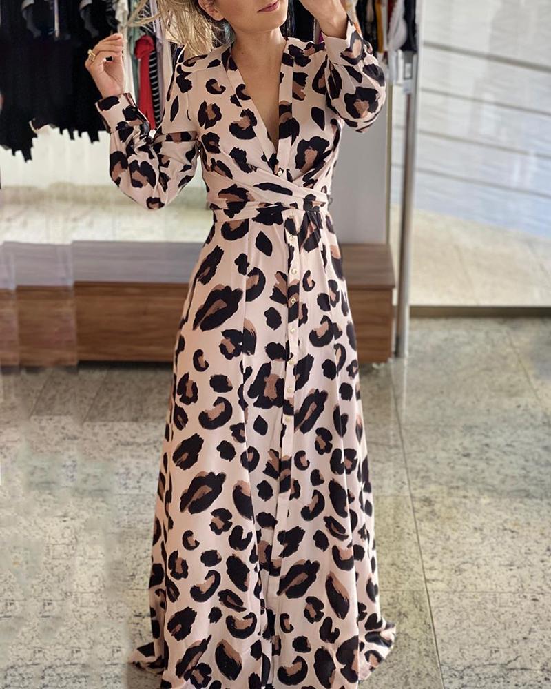 

Cheetah Print Button Design Maxi Dress, Leopard