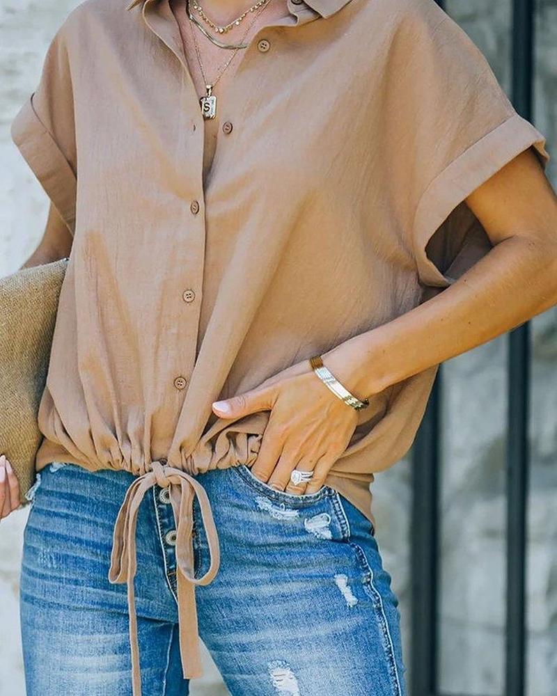 

Drawstring Buttoned Short Sleeve Casual Shirt, Coffee