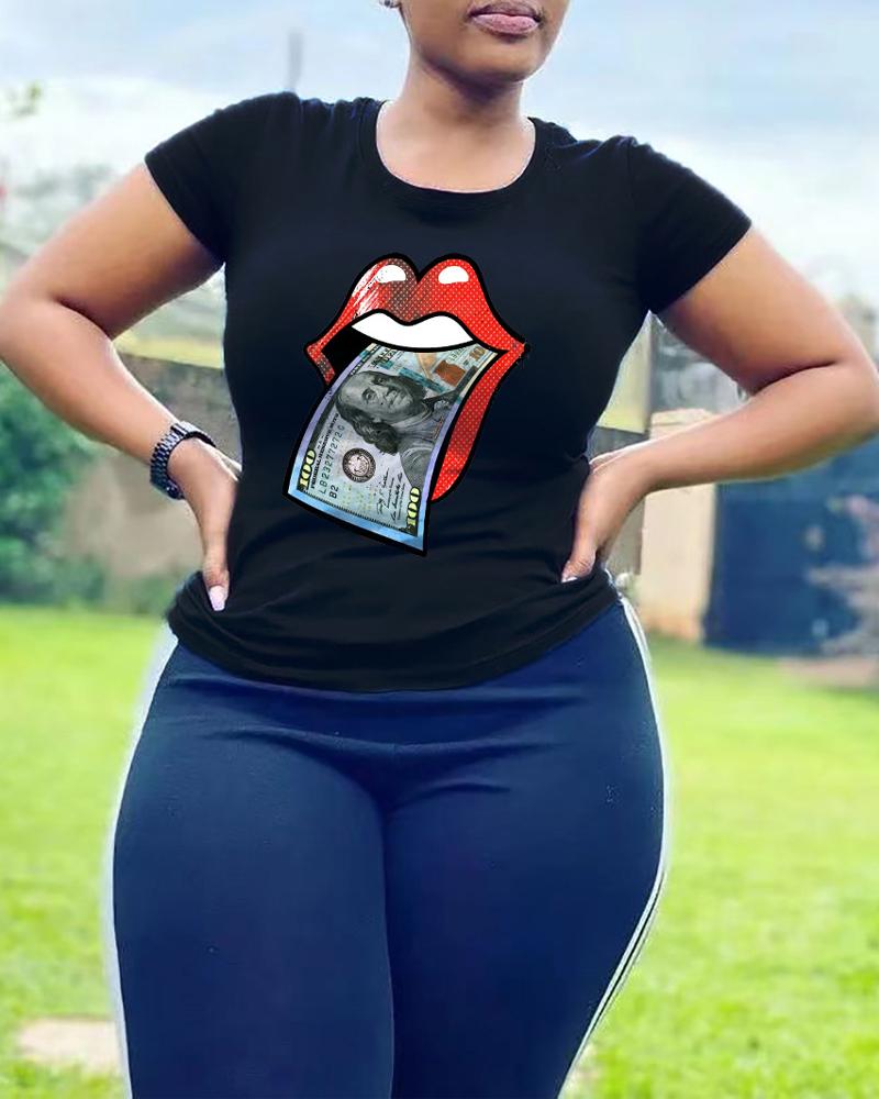 

Plus Size Lip Dollar Print Short Sleeve Casual T-shirt, Black