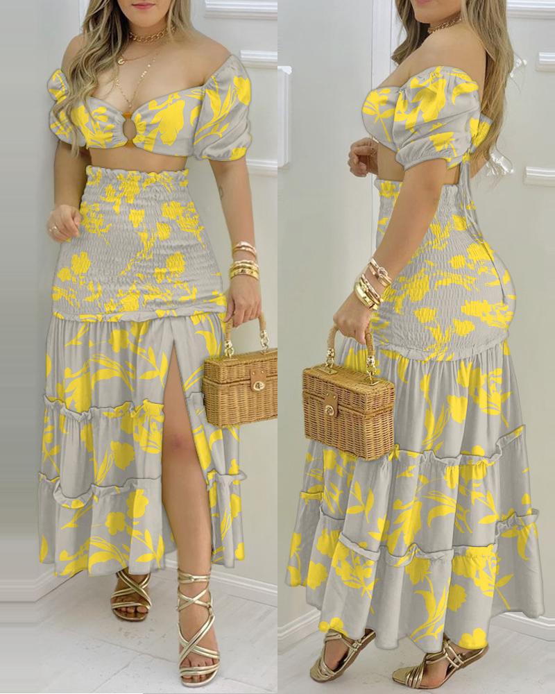 

Plants Print O-Ring Crop Top & Shirred Split Thigh Skirt Set, Yellow