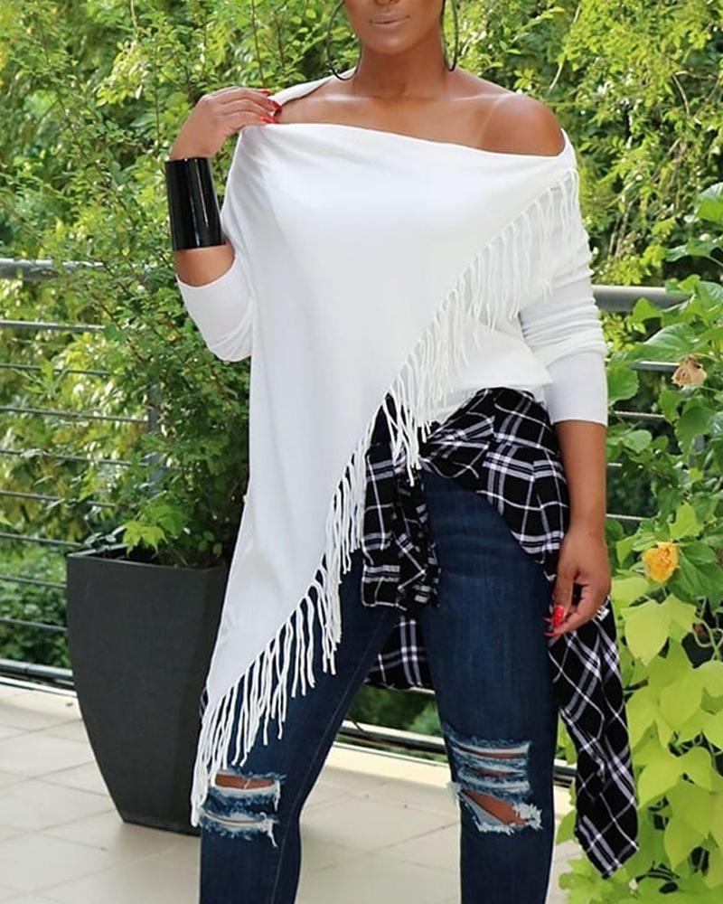 

Plus Size Tassel Trim Asymmetrical Hem Long Sleeve Top, White