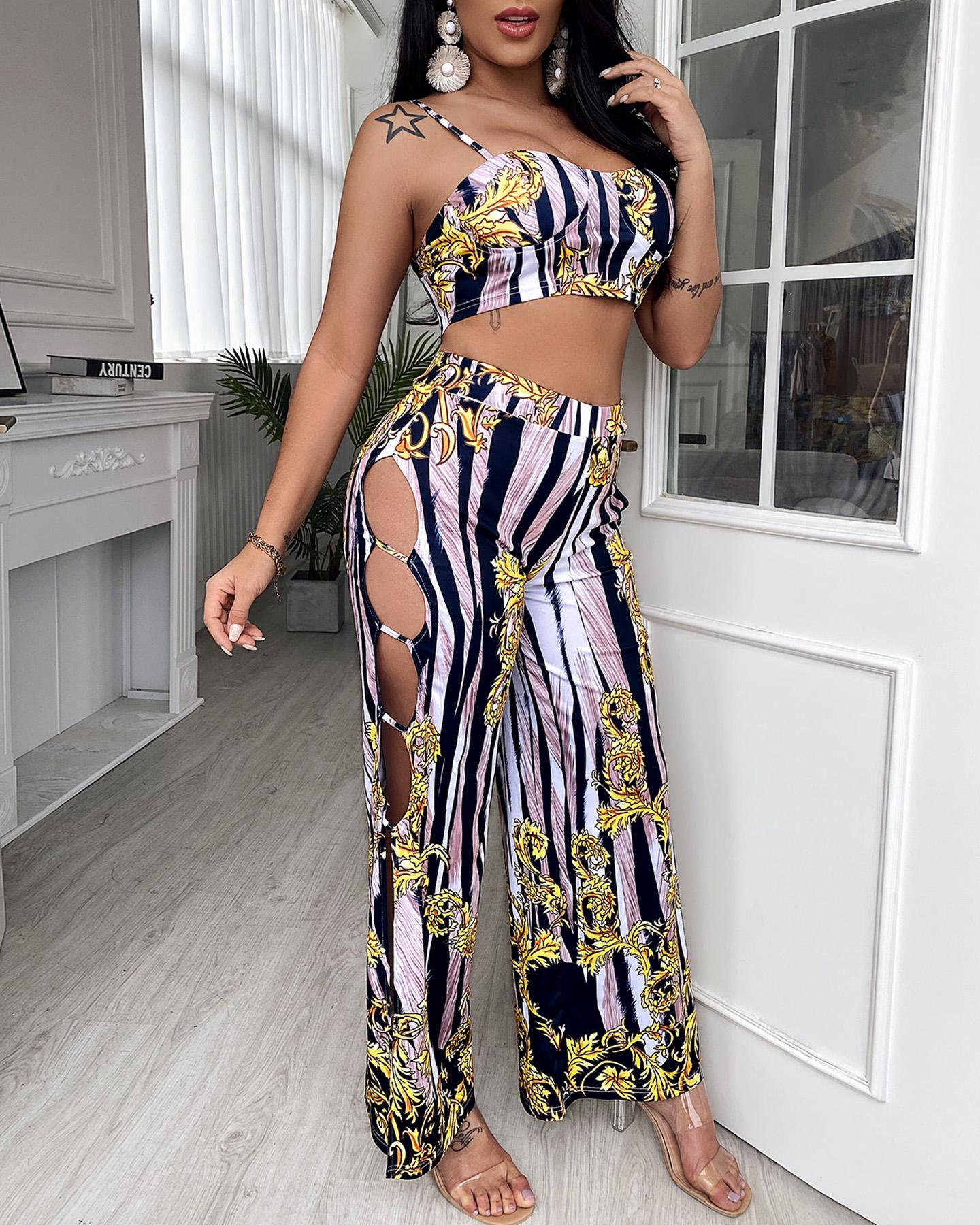 

Striped Patterns Print Strap Slim Tanks With Flared Pants Suit Sets, Yellow