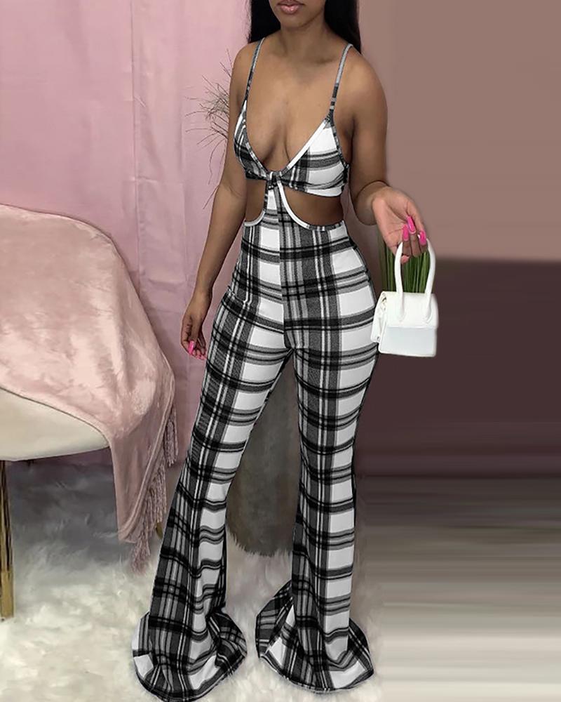 

Spaghetti Strap Plaid Print Cutout Jumpsuit, Black