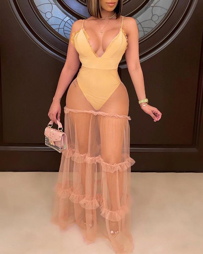 

Spaghetti Strap Sheer Mesh Maxi Dress, Yellow