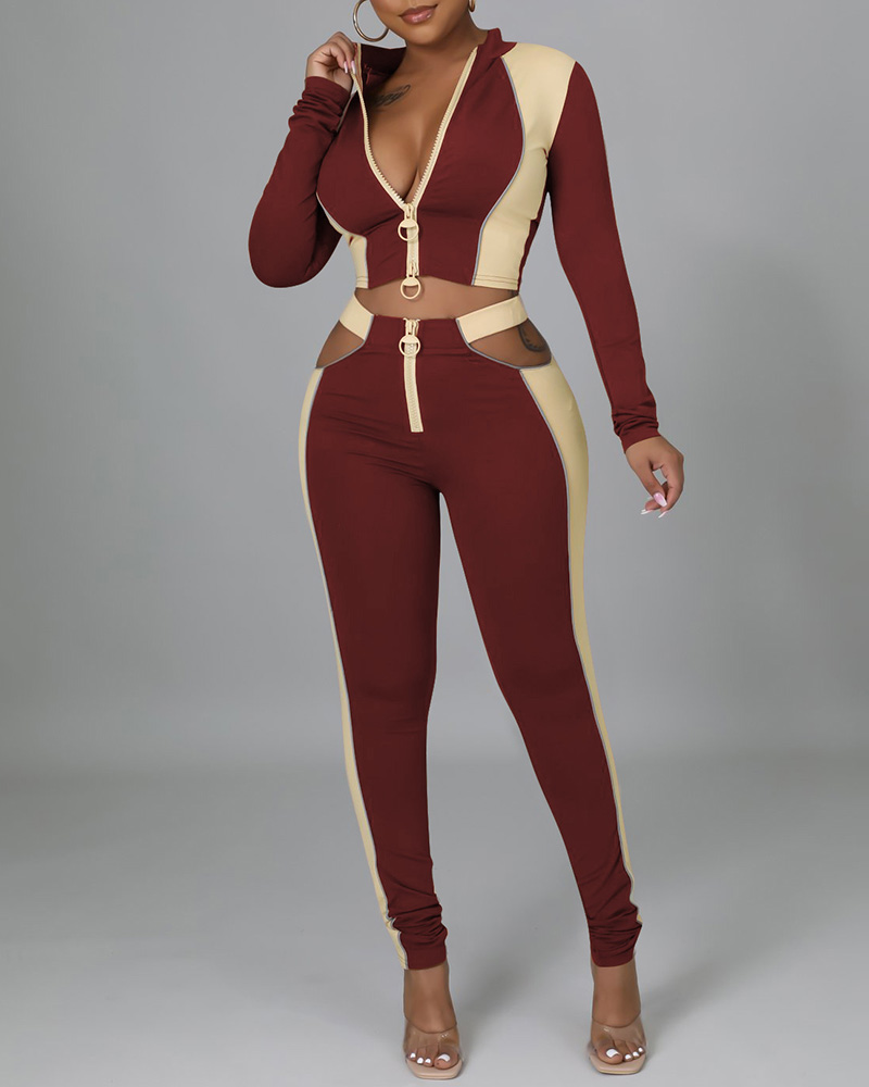 

Colorblock Zipper Deign Coat & Cutout Pants Set, Brown