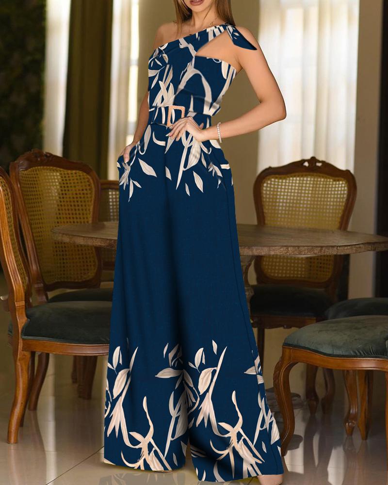 

Cami Cutout Shoulder Floral Print Casual Jumpsuit, Purplish blue