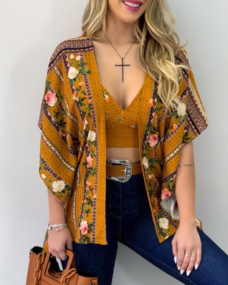 

Floral Print Crop Top & Ruffles Cover Up Set, Yellow