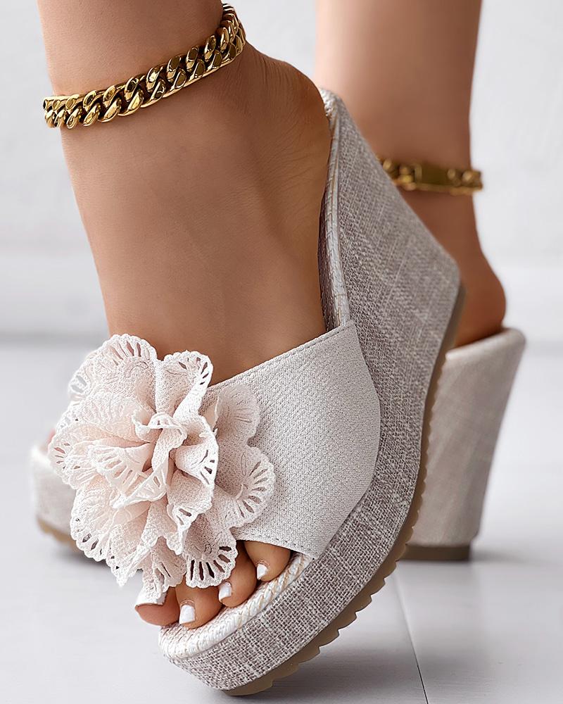 

Floral Pattern Wedge Slipper Summer Sandals, Beige