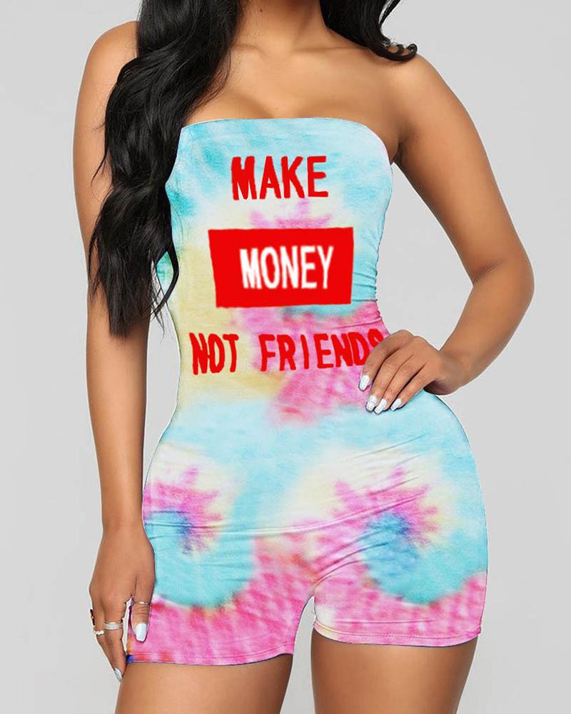 

Lip Letter Tie Dye Print Bandeau Romper, Multicolor