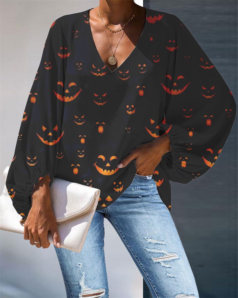

Halloween Graphic Print Lantern Sleeve Top, Black
