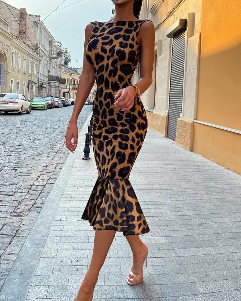 

Leopard Print Backless Skinny Mermaid Dress