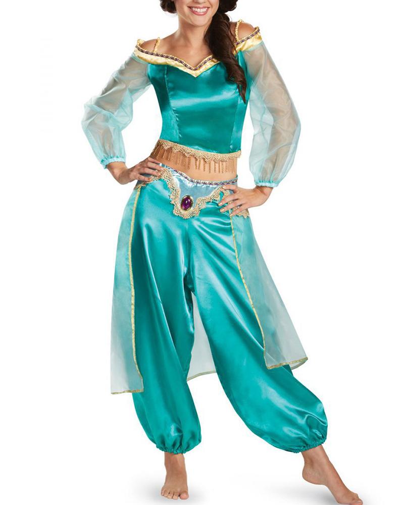 

Halloween Contrast Mesh Aladdin Jasmine Princess Fairytale Costume Set Carnival Party Game Cosplay, Green