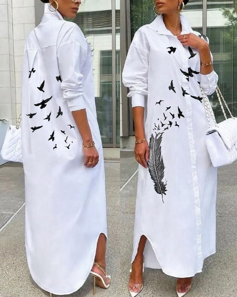 

Feather Bird Print Button Down Shirt Dress, White