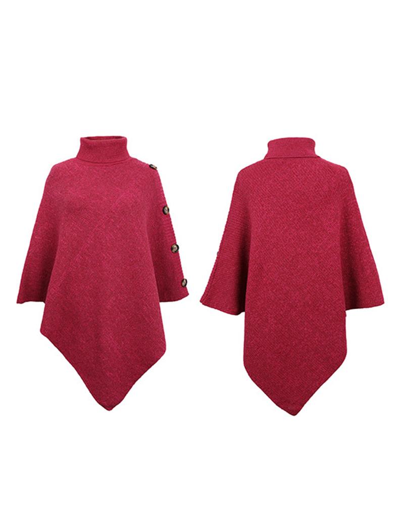 

Buttoned Cloak Sleeve Asymmetrical Knit Cape Sweater, Hot pink