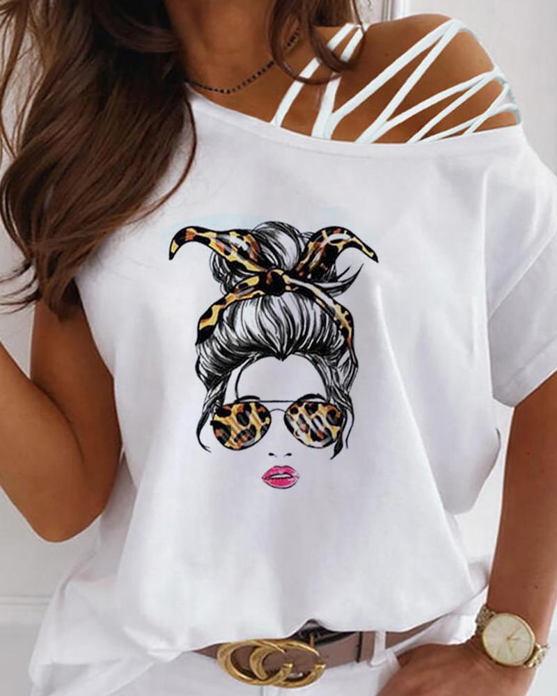 

Lace-up One Shoulder Figure Print Top, White