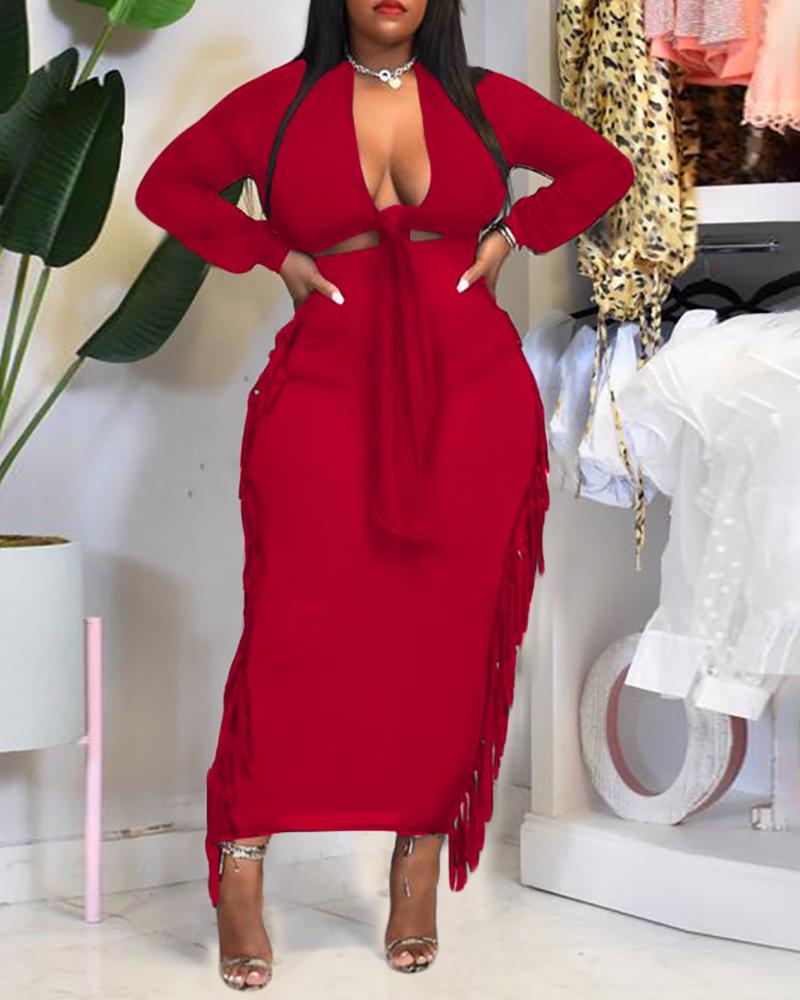 

Long Sleeve Knot Front Crop Top & Tassel Design Skirt Set, Red