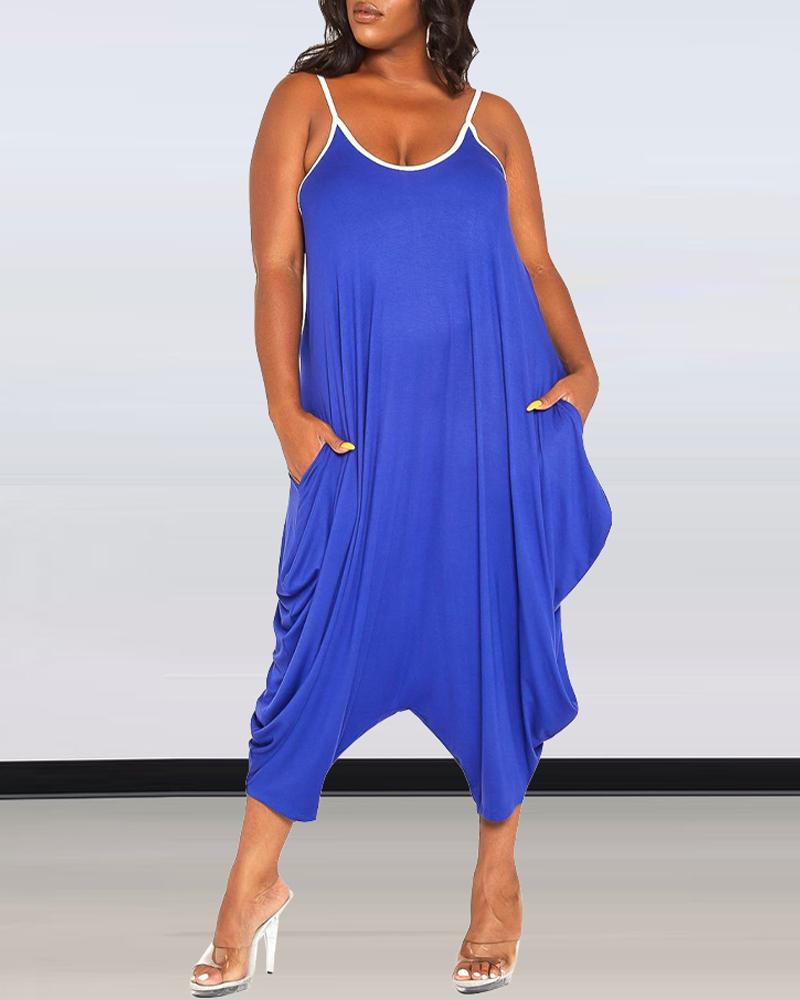 

Plus Size Contrast Binding Draped Detail Harem Jumpsuit, Blue