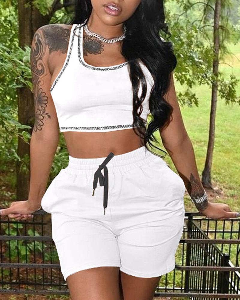 

Contrast Stitching Crop Tank Top & Drawstring Shorts Set, White