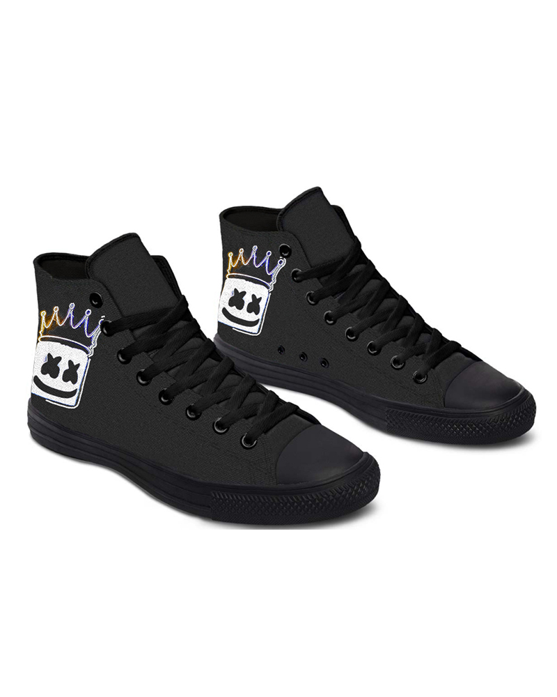 

Womens Crown Smile Print Lace-up High Top Canvas Casual Shoes, Black