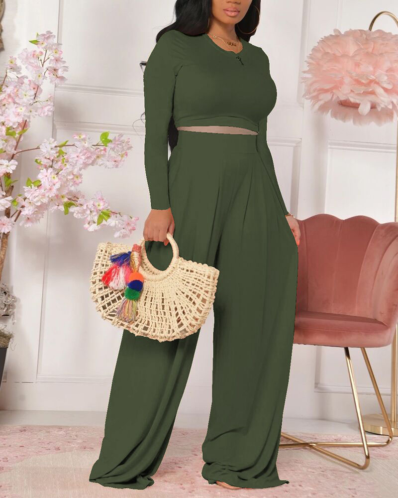 

Long Sleeve Crop Top & Wide Leg Pants Set, Army green