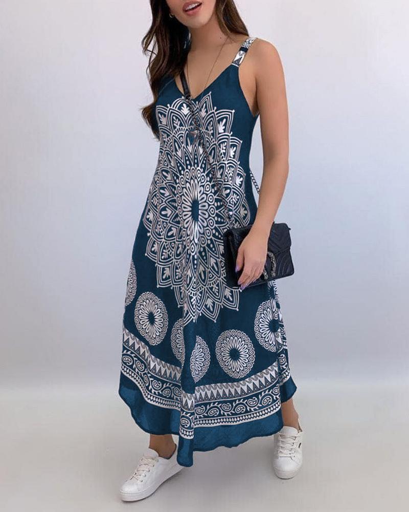 

All Over Print V Neck Thick Strap Maxi Dress, Blue