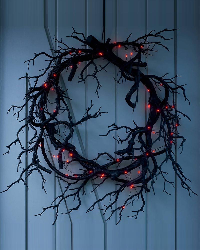 

1pc Halloween Lighted Wreath Artificial Wreath Garland Front Door Thanksgiving Festival Decor Ornament, Black