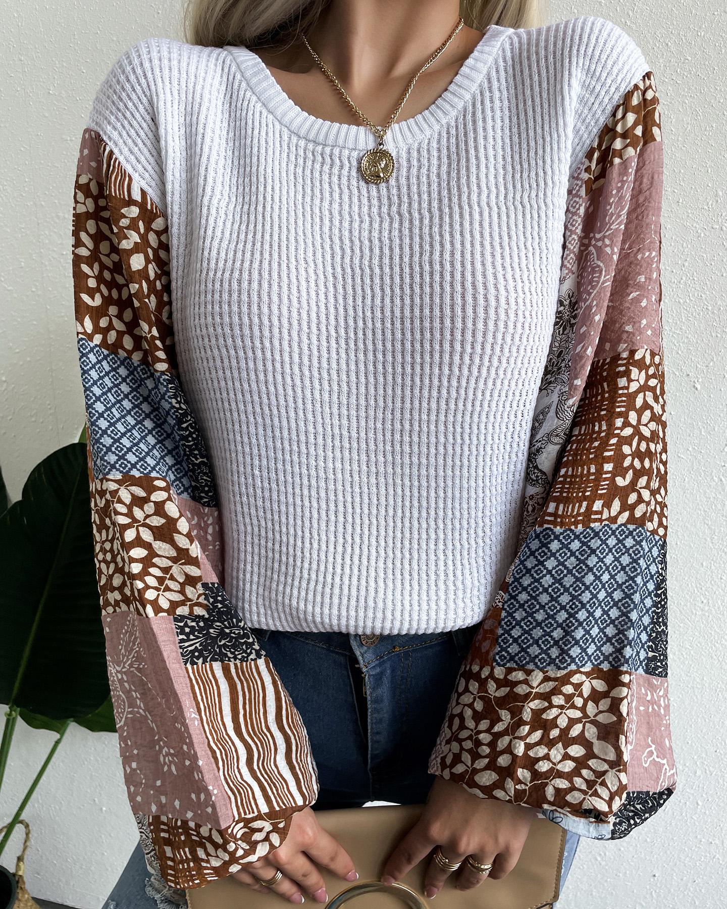 

Graphic Print Lantern Sleeve Knit Top, White