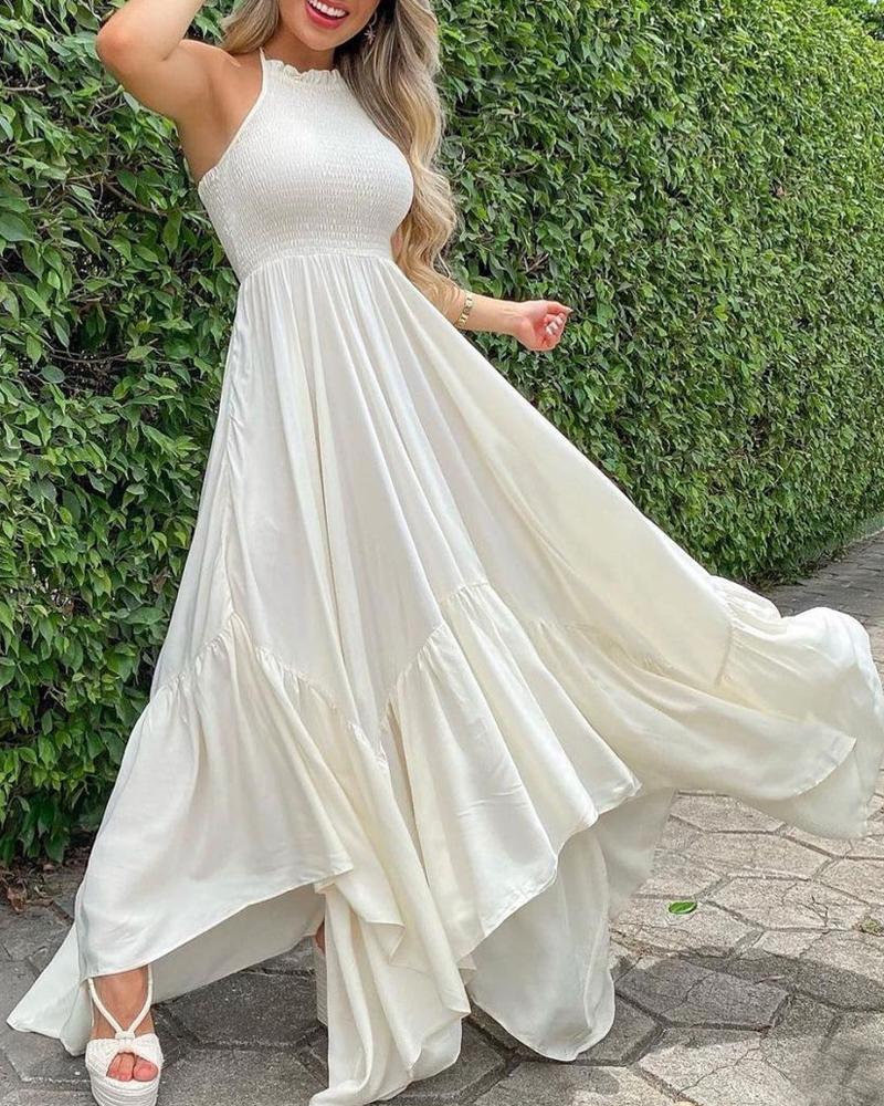 

Plain Sleeveless Ruched Maxi Dress, White