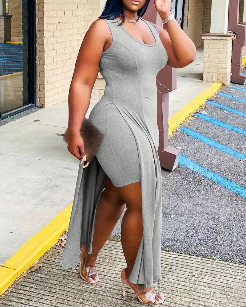 

U Neck High Slit Longline Top & Shorts Set, Gray